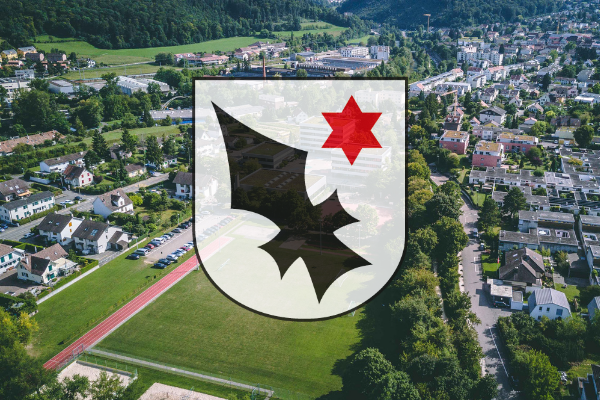 Aescher Wappen mit dem Dorf im Hintergrund