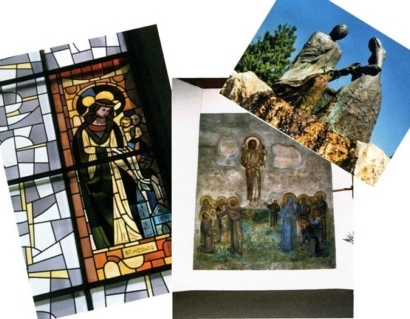 Glasfenster "St. Hedwig" (l), Fresko Wandbild "Christi Himmelfahrt" (m), Bronze-Skulptur "Jakobsbrunnen" (r)