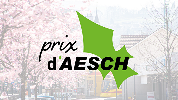 Logo des Prix d'Aesch mit Dorfzentrum im Hintergrund