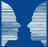 Logo blauer Hintergrund, zwei weisse Gesichter schauen sich an