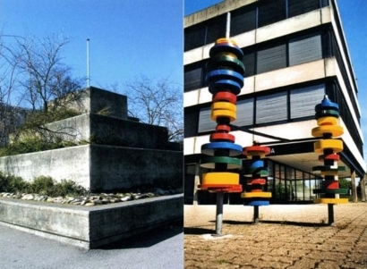 Beton-Pyramide "Stufen zum Himmel" (l), Holz-Plastik "Farbringe" (r)