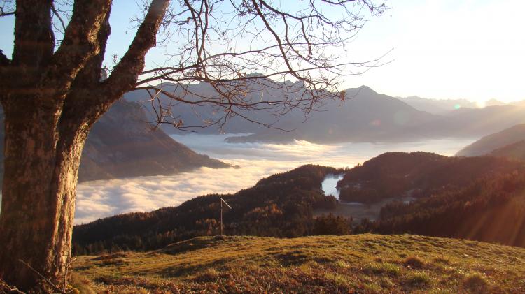 Blick auf den Chapfensee mit Nebelmeer vom Schwarzenberg aus