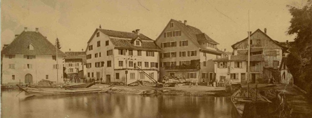 1873: Sust und Gerwe in Horgen (Das Haus Caspar Höhn zum Schiff wurde für den Bau der Eisenbahn abgebrochen).