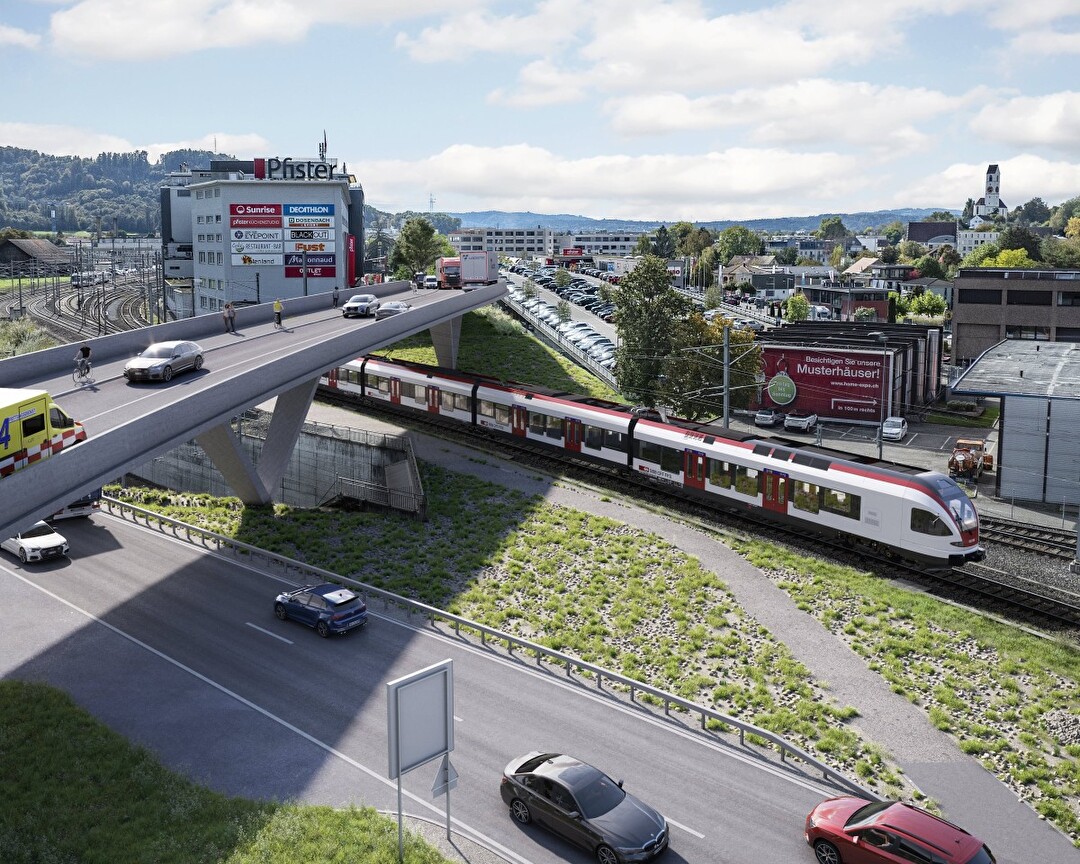 Illustration einer Brücke über Gleis und Autostrasse beim Möbel Pfister in Suhr