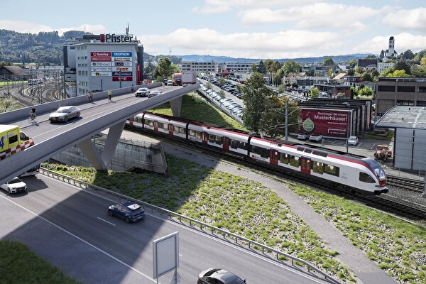 Illustration einer Brücke über Gleis und Autostrasse beim Möbel Pfister in Suhr
