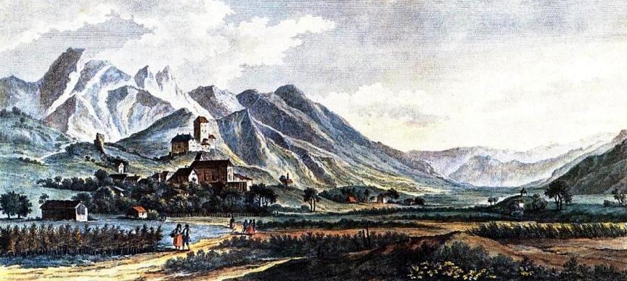 vor sehr langer Zeit; mit Falknis und Vilan. Ausserhalb des Städtlis einige Bauernhöfe und da und dort eine Kapelle.