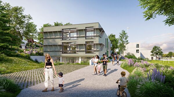 Visualisierung Neubau Vierfach-Kindergarten von Osten her betrachtet