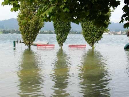 Nur langsam senkt sich der Pegelstand des Ägerisees, wie diese Bilder vom Samstag, 27. August 2005 zeigen.