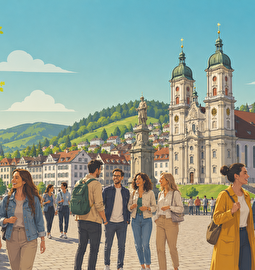 Symbolbild Menschen vor einer Kirche, ki-generiert