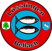 Das Logo des Fischerei-Vereins Lüsslingen-Bellach: 2 Fische auf blauem Grund, rot umringt mit dem Wappen des Ortsteils Lüsslingen, eine Linde, und der Gemeinde Bellach, ein weisses, sich aufbäumendes Pferd..