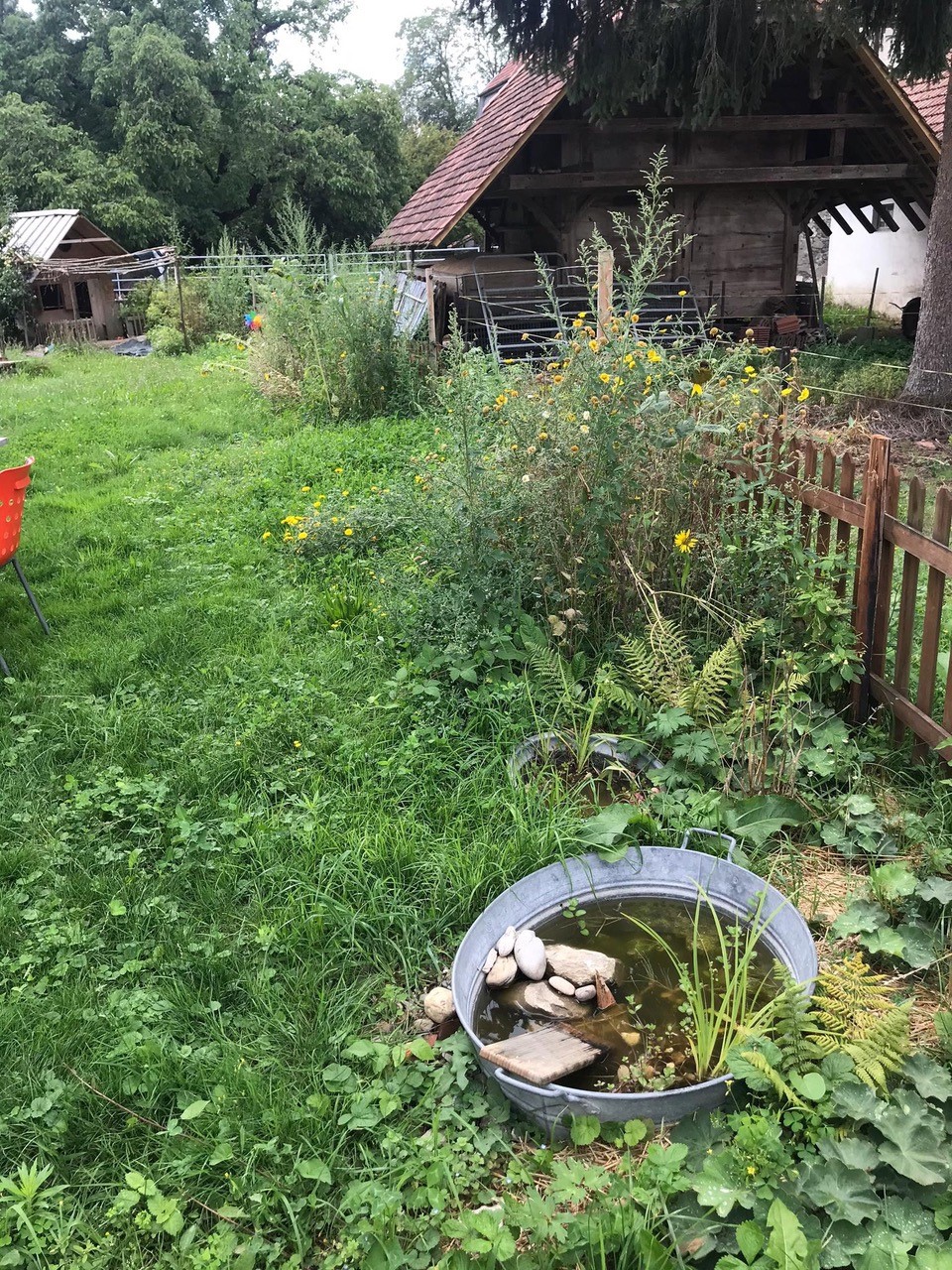 Ein Garten mit einem alten Speicher und Wasserzuber.