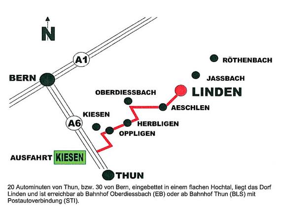 Ausfahrt Kiesen, Richtung Oberdiessbach, rechts abbiegen Richtung Linden