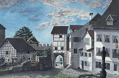 Hofplatz mit dem Schwarzen Turm, dem Untertor und dem Schwarzen Adler
Aquarell (19. Jahrhundert)
