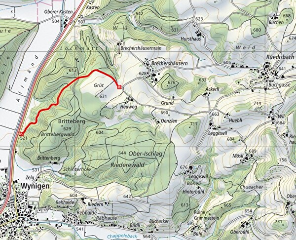 Kartenausschnitt Gemeindestrasse Wynigen - Rüedisbach, Burgerwald