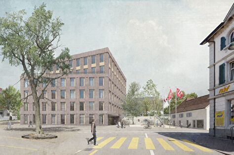 Neubau Gemeindeverwaltung, Ansicht Süd: Das neue Gebäude bietet mit dem Gemeindeplatz einen Ort der Begegnung.