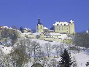 Face est du château, clocher et parc aux cerfs vêtus de blanc