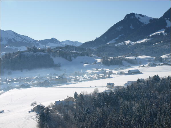 vue aérienne d'Epagny avec arrière plan de Gruyères