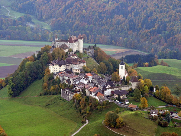 Vue de Gruyères depuis la ferme de Bouleyres d'Amont