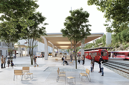 Blick von Westen auf den Bahnhofplatz mit Bushof.