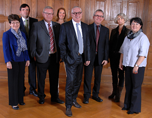 Ursula Rütsche-Fässler, Gemeindeschreiber Thomas Baumgartner,  Gemeinde¬vizepräsident Hans Stricker, Sandra Nater, Gemeindepräsident Renzo Andreani, Max Eugster, Annette Joos-Baumberger sowie Regula Ammann-Höhener. 