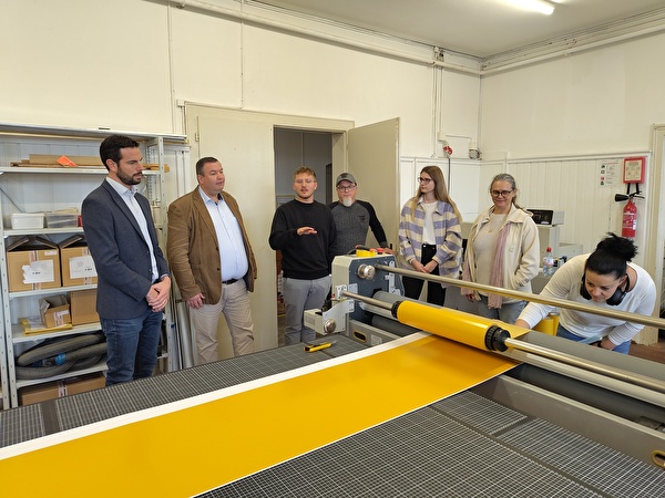 Besuch beim innovativen Herisauer Gewerbe (v.l.): Marco Forrer und Glen Aggeler vom Ressort Volkswirtschaft lassen sich von den Inhabern der Klebe-Technik AG Samuel, Diego, Laila und Angie Bellorti erklären, wie eine Mitarbeiterin gerade Kartonbogen mit einem doppelseitigen Klebeband ausstattet. 