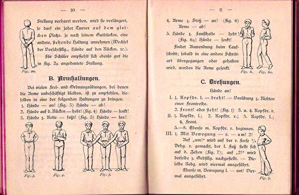 Schulturnen anno dazumal: Doppelseite aus der Broschüre «Freiübungen im Stand für die Schule» von 1891.