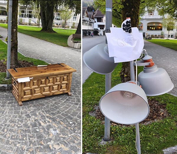 Bild einer Truhe und Lampe, welche einfach auf öffentlichem Grund abgestellt wurden