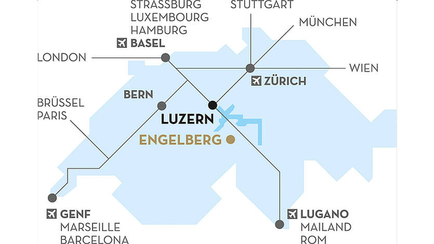 Auf der Karte sind die Anfahrtswege nach Engelberg ersichtlich.