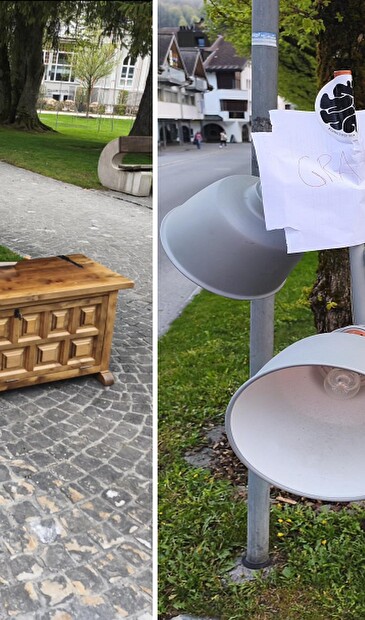 Bild einer Truhe und Lampe, welche einfach auf öffentlichem Grund abgestellt wurden