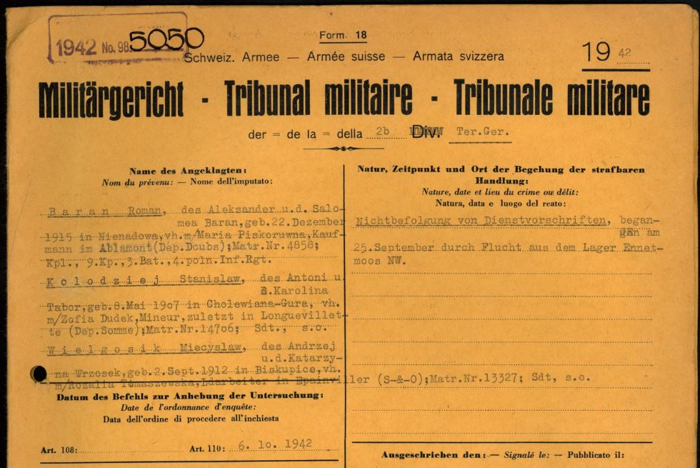 Auszug aus der Militärgerichtsakte zur Flucht aus dem Lager in Ennetmoos