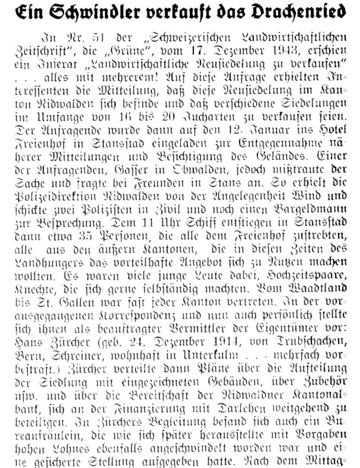 Ausschnitt aus dem Artikel «Ein Schwindler verkauft das Drachenried» aus dem Nidwaldner Volksblatt, Band 78, Nummer 9, 29. Januar 1944