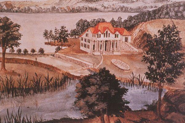 Villa des Generals Johann Rudolf Werdmüller (1614-1677) auf der Hinteren Au, Standort des heutigen Schlosses Au. Aquarell von Hans Erhard Escher, 1673