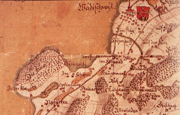 Wädenswil und Au auf einem Ausschnitt der Zürcher Kantonskarte von Hans Conrad Gyger, 1667.