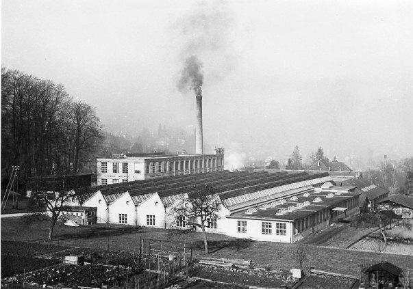 Ansicht der Tuchfabrik Wädenswil AG von Osten, 1942. Im Vordergrund die Shedbauten (1905), links das Fabrikgebäude (1894, Erweiterung 1936) und der Hochkamin (1902). Die Tuwag stellte am 30. November 1978 den Betrieb ein.
