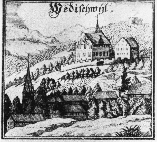 Schloss Wedischwyl und Sicht auf die Kirche. Kupferstich aus Hans Heinrich Bluntschli, Memorabilia Tigurina, Zürich 1742.
