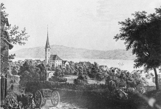 Blick von der Leigass auf die reformierte Kirche. Im Hintergrund das 1813 erstellte Haus zur Gerbe. Zeichnung eines anonymen Künstlers um 1820. 