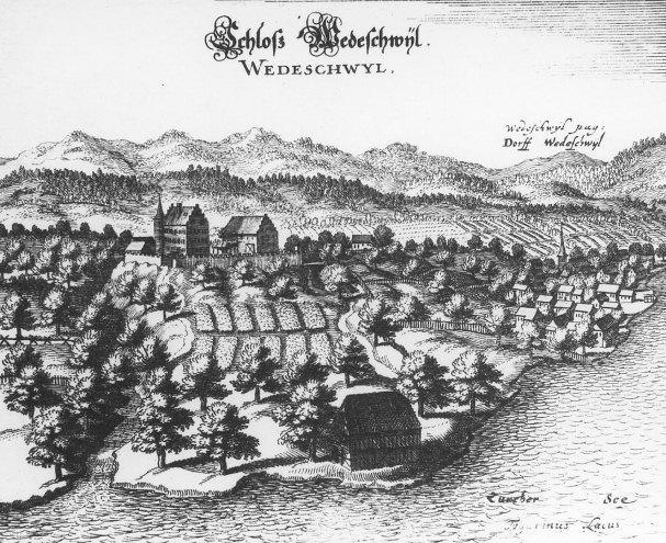 Kupferstich von Matthäus Merian dem Älteren (1593-1650) aus dem Jahre 1642. Im Zentrum das Schloss Wädenswil mit der Zehntenscheune (steht heute noch). Das Gebäude am See ist die Zehntentrotte und rechts im Hintergrund ist die alte reformierte Kirche zu sehen. Dieser Kupferstich befindet sich in der Dokumentationsstelle.