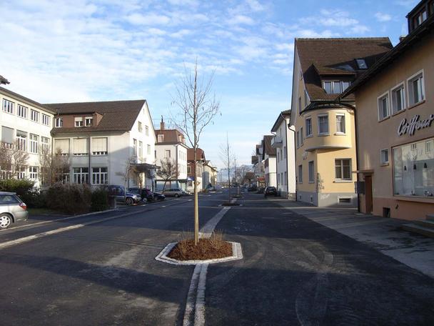 Die Bahnhofstrasse Au, im Herbst 2008 als sie frisch saniert und mit Bäumen versehen wurde. Der Deckbelag fehlt noch.
