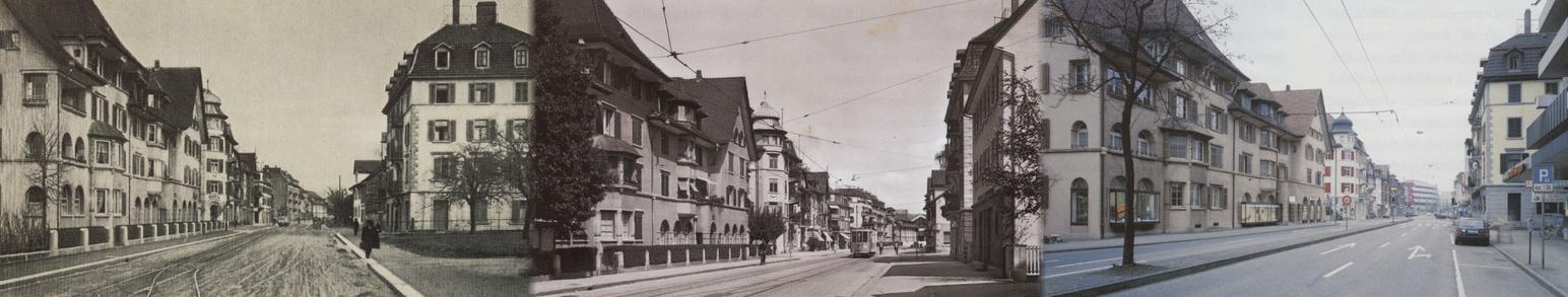 Bild links um 1912: Links befindet sich das alte Gemeindehaus und rechts das Haus Tentardini mit dem jetzt "Tifosi" genannten Restaurant.
Bild Mitte um 1937: Bis auf den Neubau von 1931 neben dem Tentardini-Haus und das Kopfsteinpflaster ist die Zürcherstrasse unverändert.
Bild rechts um 1996: Seit 1971 ist die Zürcherstrasse 4-spurig ausgebaut. Das von 1931 stammende Haus wurde 1971 durch den Neubau der Migros ersetzt. Die 80-bis 100-jährige Häuserreihe am linken Bildrand wird durch das 1991 vollendete Druckzentrum der NZZ abgeschlossen.