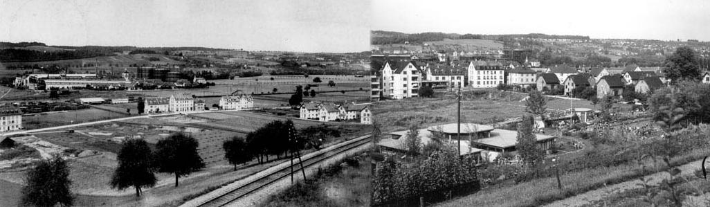 Bild links um 1913: Es stehen bereits Miets- bzw. Einfamilienhäuser für Angestellte an der Zürcher- bzw. Moosstrasse.
Bild rechts um 1950: Das Bad "Im Moos" wurde in den 40er-Jahren, die Turnhalle Moos erst 1952 gebaut.