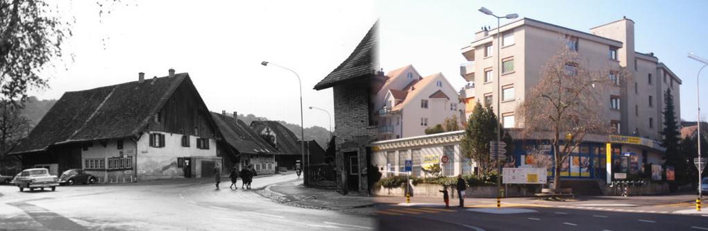 Bild links um 1958: Das Haus "Am Bach" (Ecke Freie-/Uitikonerstrasse), weil der Dorfbach bis ca. 1930 offen vor ihm vorbei floss.
Bild rechts um 2004: Das Postamt (früher "Coop") an der umgestalteten Salmenkreuzung.