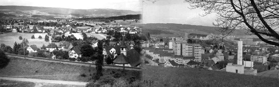 Bild links um 1941: Blick vom Alten Zürichweg zum "Lehme"; rechts die kath. Kapelle.
Bild rechts um 1982: Es stehen "Im Lehme" an der Kamp- und Mühleackerstrasse Hochhäuser.