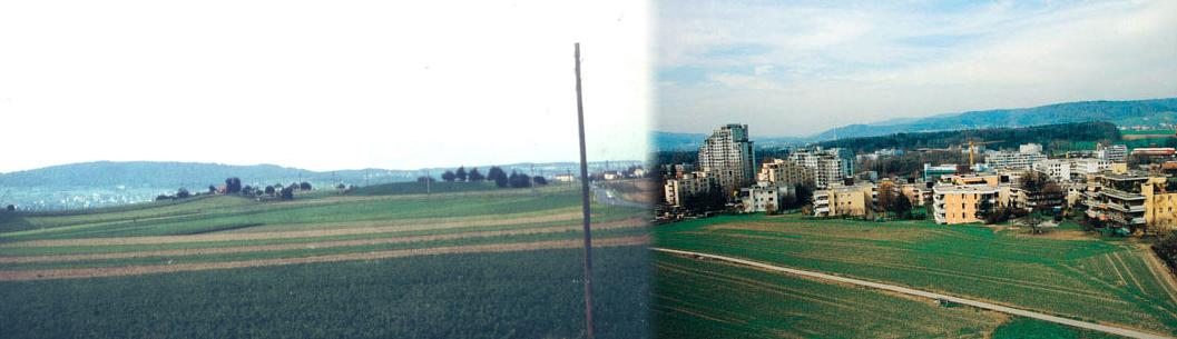Bild links um 1960: Auch als die Urdorferstrasse um 1960 schon asphaltiert war, führte sie über freies Feld; auf dem linken Hügel das "Färberhüsli".
Bild rechts um 2004: Seit dem Bau des Spitals (1968/70) ist hier das Gebiet mit der stärksten Bautätigkeit.