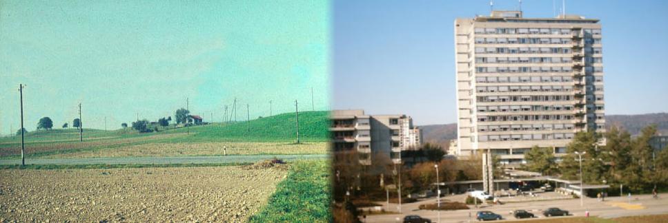 Bild links um 1965: An der äusseren Urdorferstrasse lagen Wiesen und Äcker; hinten das "Färberhüsli".
Bild rechts um 2004: Spital, Chronischkrankenheim, Schwesternschule, Altersheim statt Äcker.