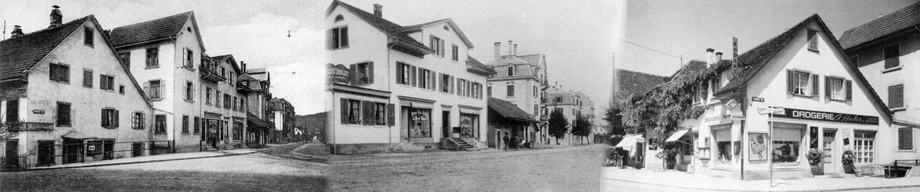 Bild links um 1913: An der Ecke Bahnhof-/Badenerstrasse befand sich 1913 ein "Spezereigeschäft"...
Bild Mitte um 1928: ...ein Coiffeurgeschäft...
Bild rechts um 1960: ...und bis 1968 die Drogerie Huber.