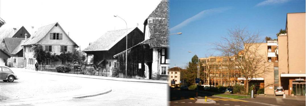 Bild links um 1954: An der Freiestrasse stehen noch die "Arch" (ganz rechts), das erste Schulhaus und das "Stürmeierhuus" (ganz links, verdeckt).
Bild rechts um 2000: Rechts der ehemalige Sennhof (Freiestrasse 4), dahinter das Stadthaus (Freiestrasse 6).