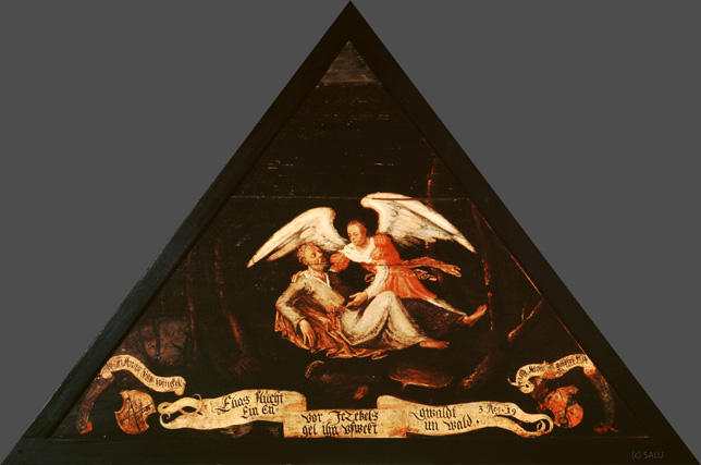 Elias flücht vor Jezebels gwaldt
Ein Engel ihn vfwekt im wald.

Bildnummern: Kdm LU 58a, Inschriftenverzeichnis 59v, von Moos 61