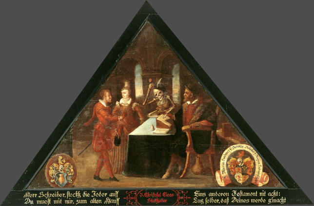 Herr Schreiber, steckh die Feder auff
Du muost mit mir, zum alten Hauff

Eins anderen Testament nit acht:
Lug selber, dass Deines werde g'macht.

Bildnummern: Kdm LU 42, Halter 4, Eglin fehlt