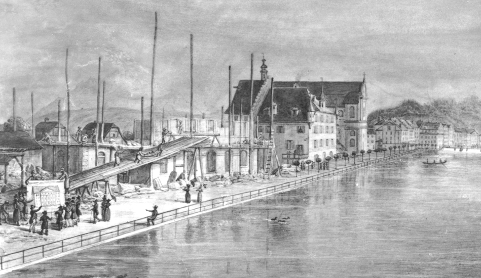 Nach Grundsteinlegung Ende Mai konnte bereits Mitte Oktober 1838 Aufrichte gefeiert werden, der Innenausbau erfolgte bis im Herbst 1839.