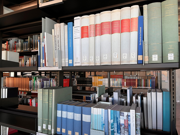 In den Regalen stehen primär archivfachliche Literatur sowie Publikationen zur Stadt Luzern und ihrer Geschichte, darunter auch die Bände der eigenen Schriftenreihe «Luzern im Wandel der Zeiten» (LWZ).